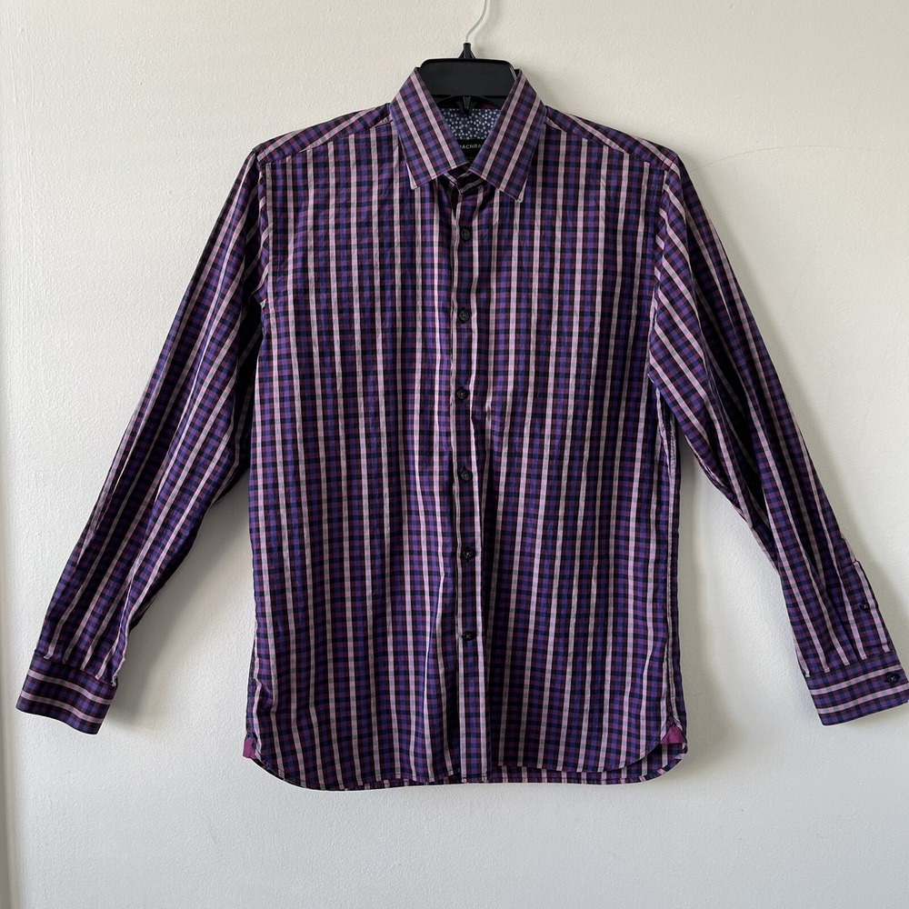 Bachrach Men's Sz M Long Sleeve Dress Shirt Purple Checkered Flip Cuff